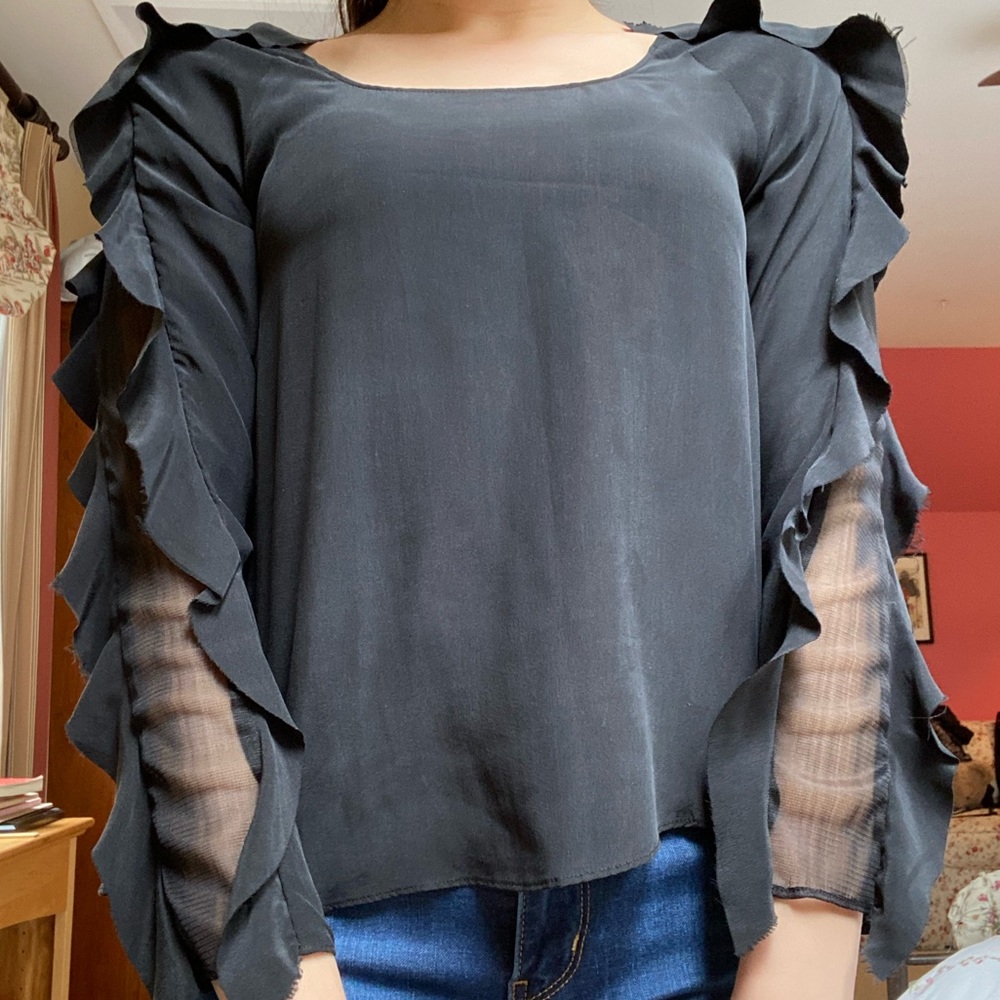 Wink NYC Black Silk Ruffle Statement Long Sleeve